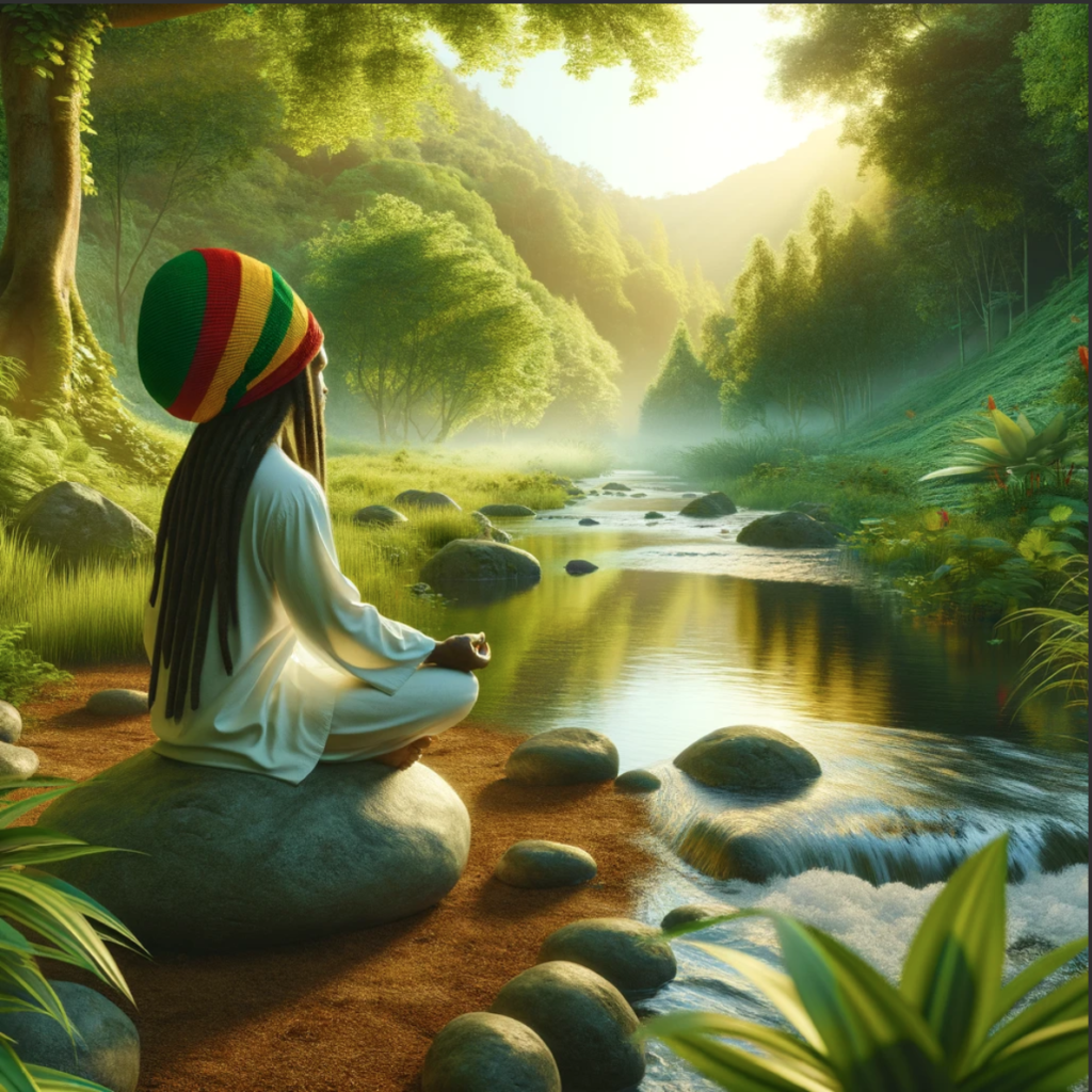 Rastafari individual meditating in a natural setting during a fast, symbolizing spiritual purity and tranquility in Rastafari culture.